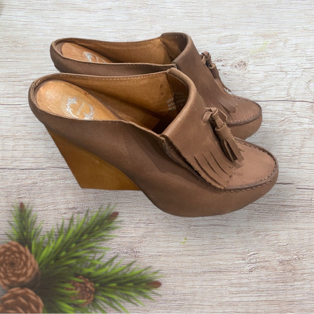 Anthropologie “Lucky Penny” Leather, Wooden Heel Mules
